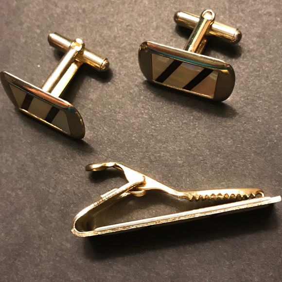 3 Piece Set Cuff Links & Tie Bar Tortoise Abalone Inlaid Shell Retro Vintage - Picture 4 of 6